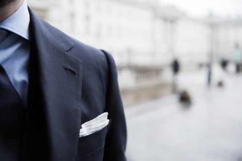 Cifonelli navy suit buttonhole shoulder