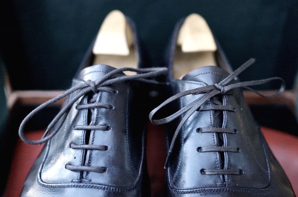 GJ Cleverley bespoke brown oxfords waxed laces