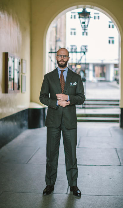 Green flannel bespoke suit Brian Smith