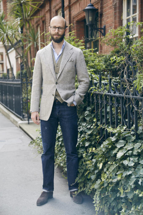 Jacket and jeans with casual waistcoat