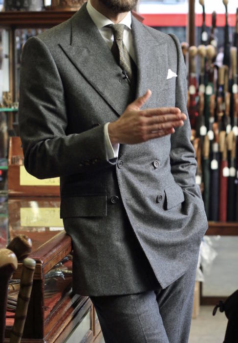 double breasted grey flannel suit