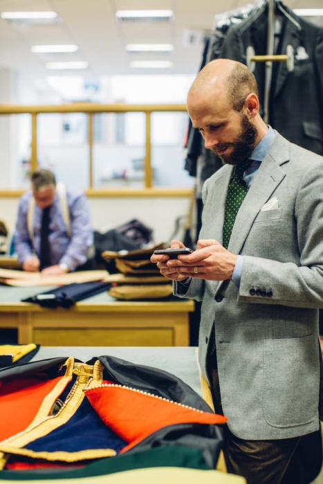 Brown trousers with grey bespoke jacket