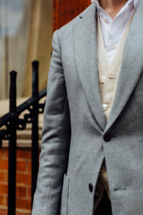 Grey jacket and cream cardigan