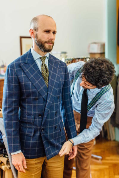 Navy Blue Men Suit Striped Double-Breasted Blazer Work Wear