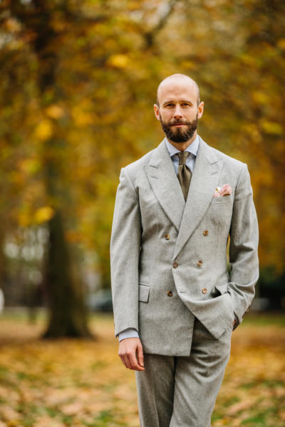 Double breasted flannel suit with pink and green Permanent Style