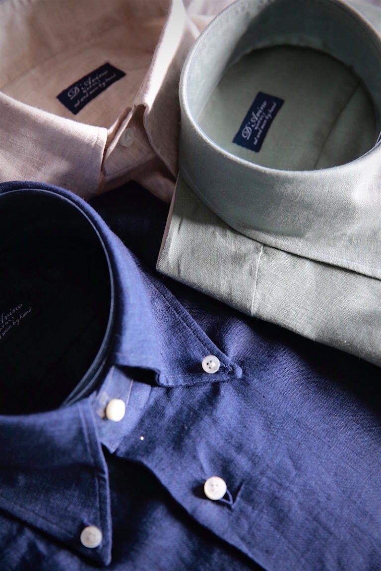 D’Avino linen shirts – in denim, oatmeal and green – Permanent Style