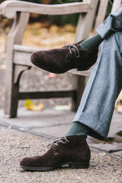 Grey flannel trousers  Blue loafers