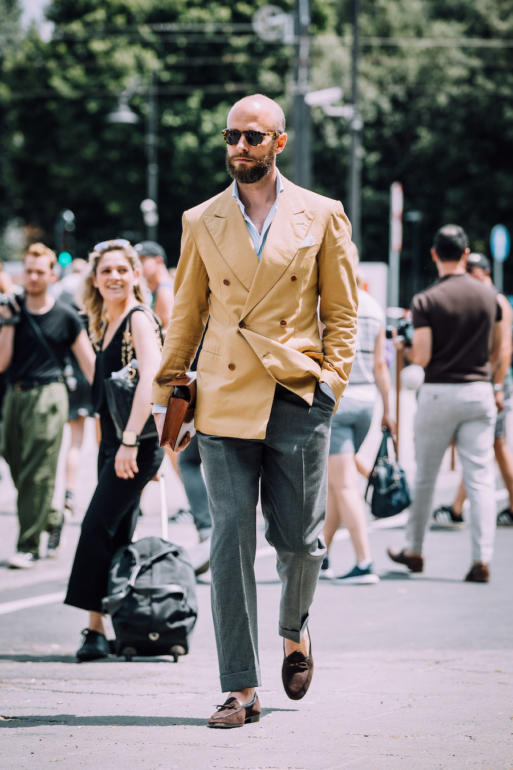 Double-breasted cotton jacket and striped shirt – Permanent Style