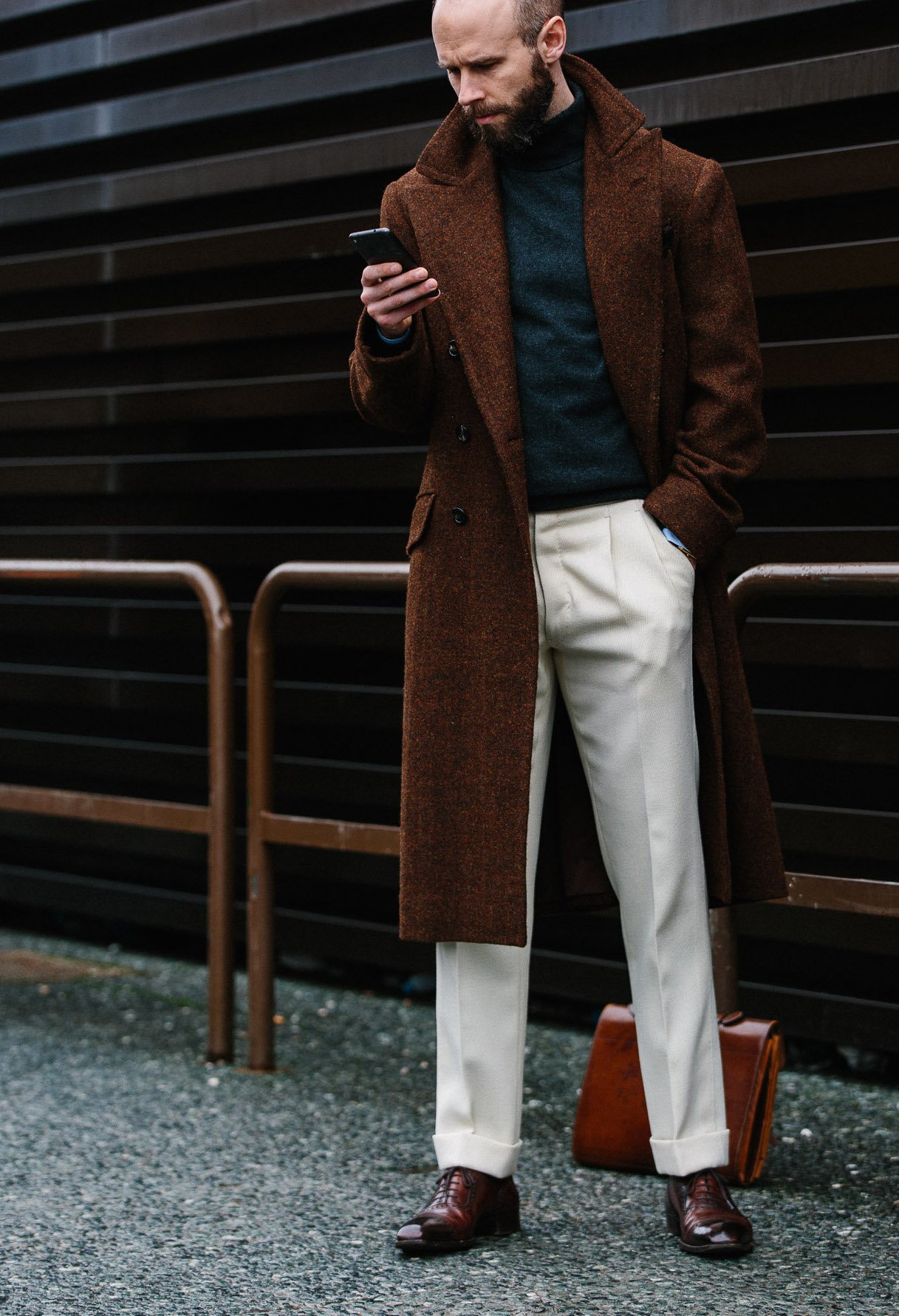 Premium Photo  Close up photo male in fashionable beige coat brown pants  and dark leather shoes