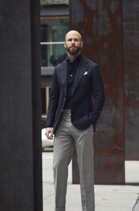 Adding interest to a navy blazer and grey trousers – Permanent Style