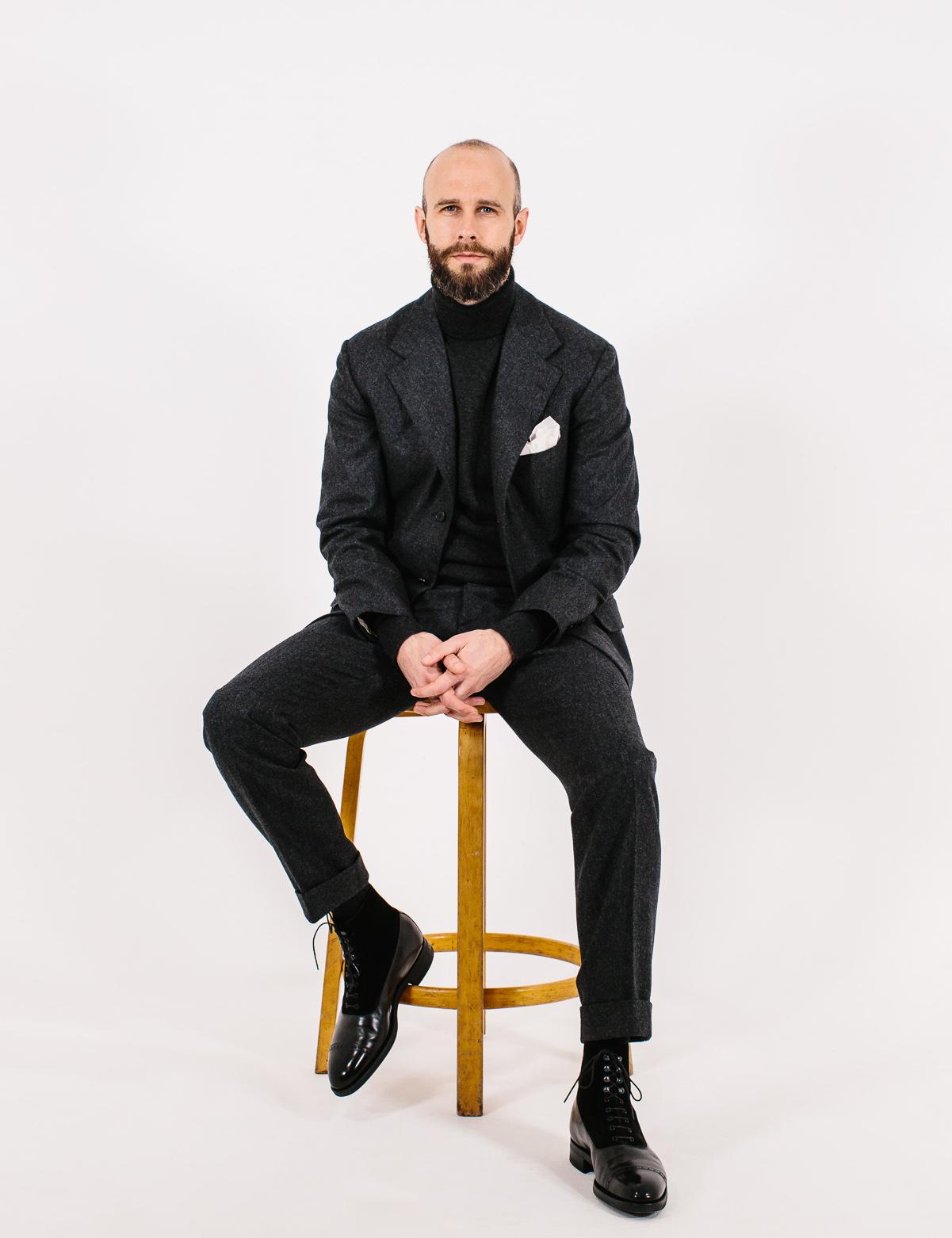 Light grey suit outlet black turtleneck