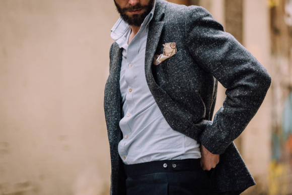 Gray suit jacket deals with navy pants