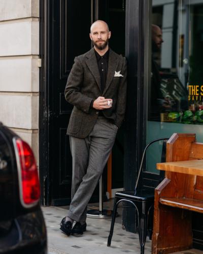 Tweed jacket with flannels and brown knit