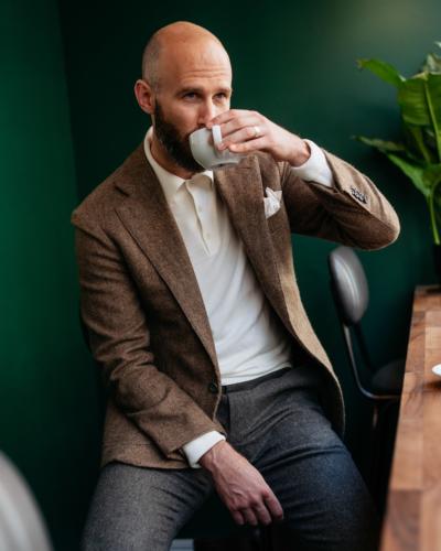 Cashmere jacket with flannels and cream PS knit