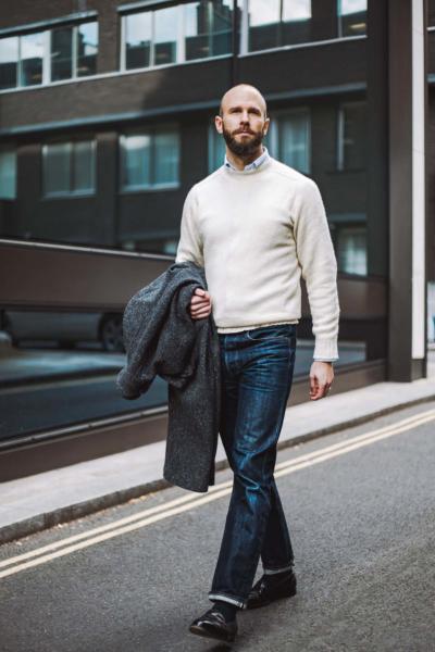 Cream Shetland with jeans and cordovan loafers