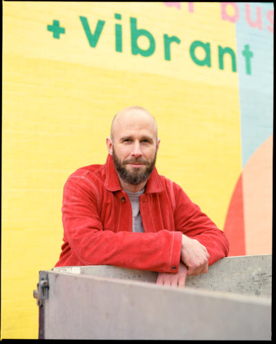 Bright red chore jacket with sweat