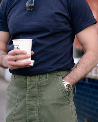 Navy tee and vintage trousers