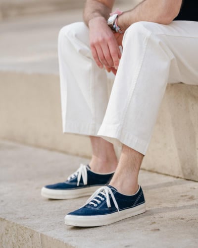 Indigo deck shoes with white trousers