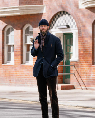 Navy tweed and brown cord