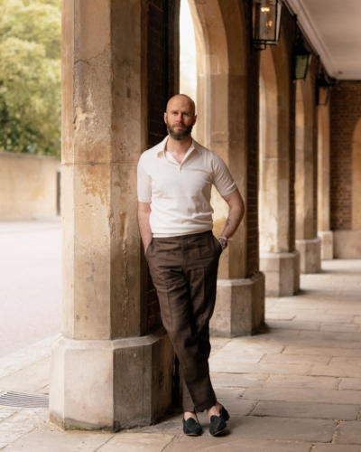 Cream polo, olive linen, black espadrilles