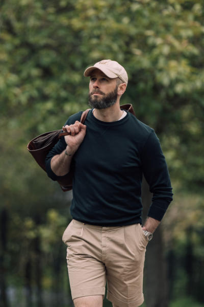 Navy sweatshirt and cap with shorts