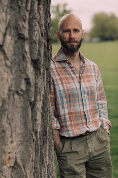 Madras shirt with olive shorts