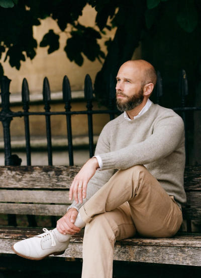 White bucks with chinos and shetland