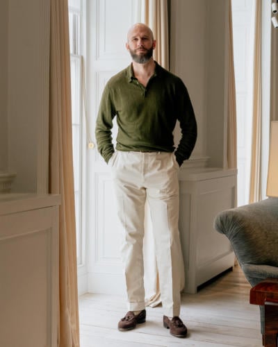 Green knit, cream chinos and loafers