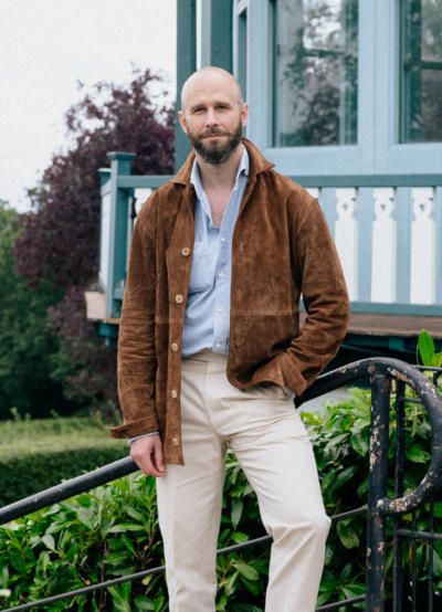 Tobacco suede, denim shirt and chinos