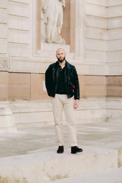 Black leather jacket and chinos