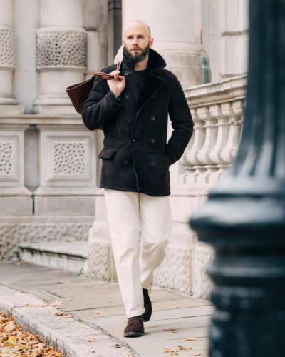 Brown shearling with white jeans