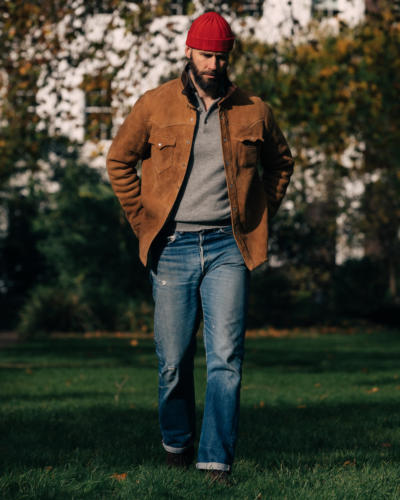 Tan shearling and jeans