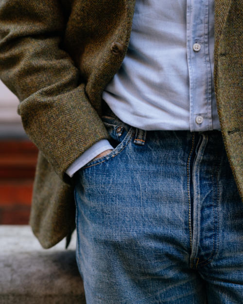 Double denim – in new Anthology tweed jacket – Permanent Style