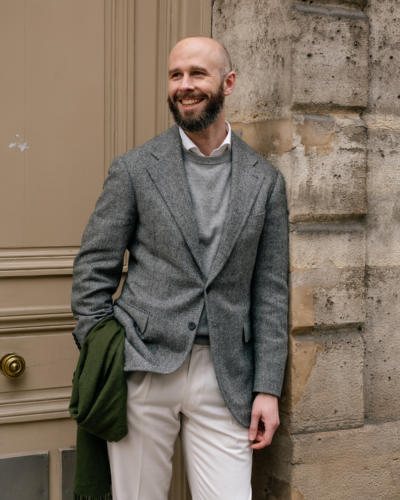 Tonal tailoring, with a polo shirt