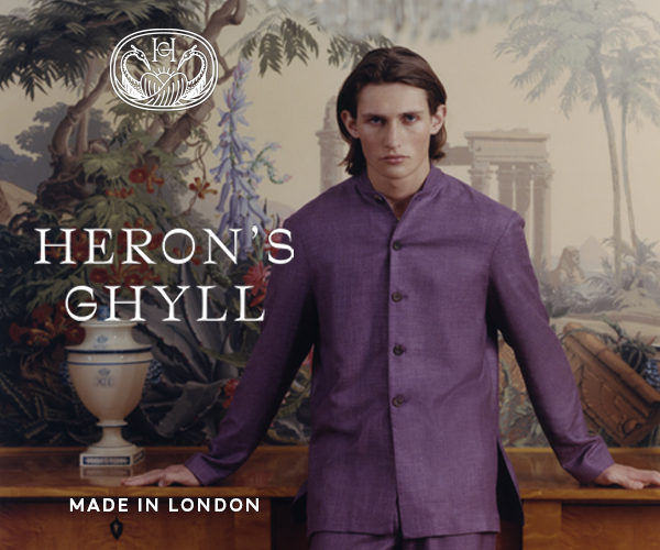 herons ghyll purple bamboo silk suit on model