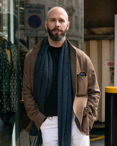 Brown, olive, charcoal and white jeans