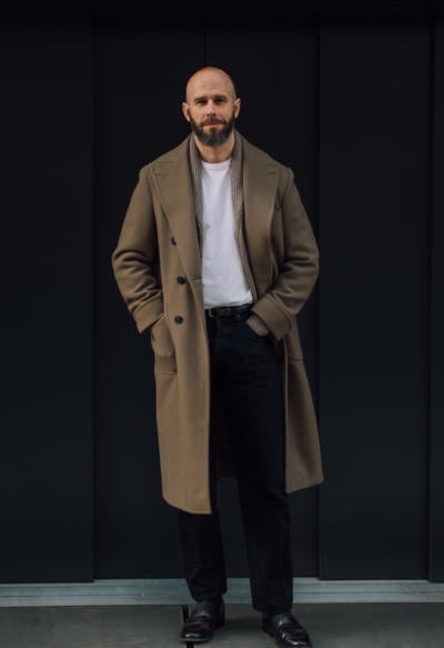 Overcoat, shawl collar cardigan, PS T-shirt and black jeans