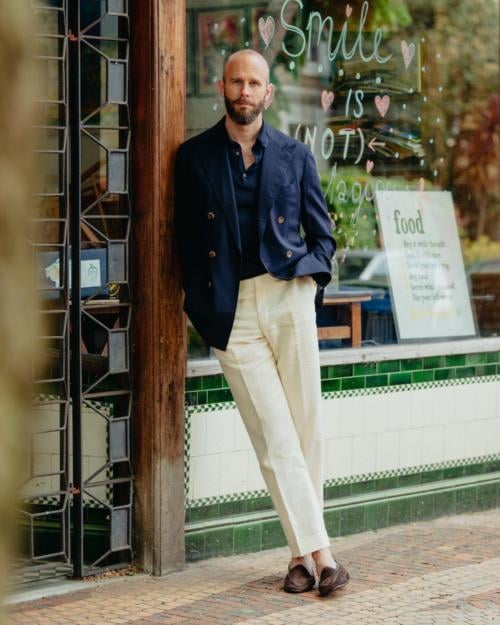 hopsack blazer and cream trousers copy