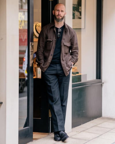 Brown linen overshirt, T-shirt, black linen trousers and loafers