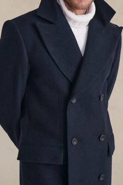 Navy double breasted overcoat on sale